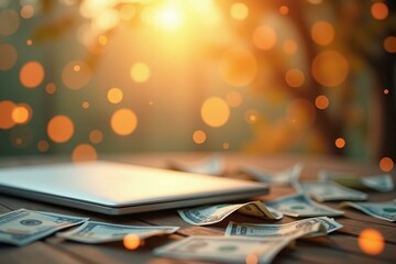 Silver tablet device resting on scattered cash money bills, digital technology concept, business finance background, warm glowing bokeh lights, workspace office ambiance, productivity theme