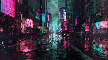 Illustrate a futuristic dystopian cityscape using glitch art techniques, capturing virtual reality experiences with a pixelated, fragmented aesthetic that conveys a sense of chaos and uncertainty