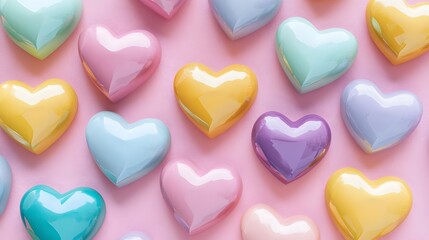 Fototapeta premium Pastel Rainbow Hearts Pattern Pink Background