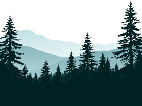 Panoramic view of lush forest with pine, spruce, and christmas trees on white background, pines, pine, silhouette