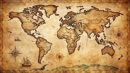 Naklejka premium A Vintage World Map Depicting Ancient Exploration Routes, Sailing Vessels, and Compass Roses, Ideal for Adventure and Discovery Themed Projects