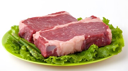 Raw Beef Steaks with Asparagus and Lettuce on Green Plate