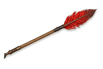 Ancient Warrior's Weapon: A Long Wooden Spear with a Vibrant Red Feather, Symbolizing Strength, Hunting, and Tribal Heritage. Perfect for game design, historical illustrations, fantasy art, and       