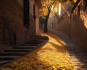 Naklejka premium Autumnal Alleyway, Sunlit Ginkgo Leaves on Cobblestone Street