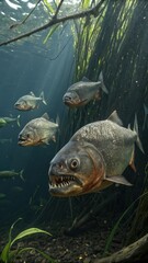 Obraz premium Close-up Underwater Shot of Menacing Piranha Swimming among Roots and Plants
