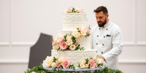 Pastry chefs meticulously decorate a three tier white wedding cake with intricate flowers and greenery, three tier, elegant, special occasion