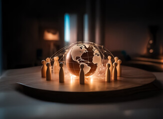 A glowing earth encircled by wooden figures on a dark background, symbolizing global connection and community.