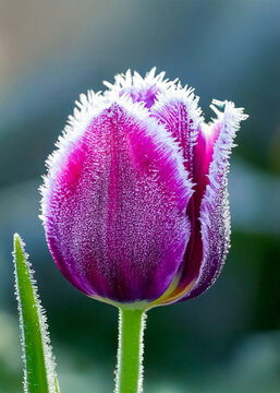 A purple tulip in full bloom and covered with hoarfrost