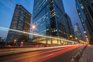 Light trails in front of a modern skyscraper