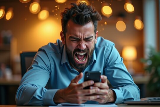 Man is screaming while looking at his cell phone