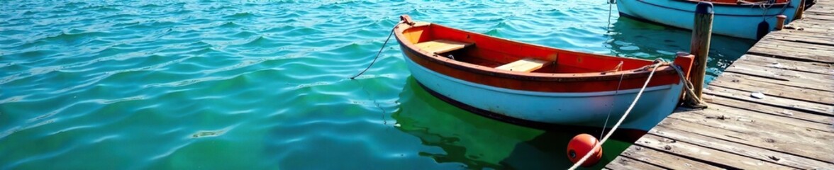 Fototapeta premium A small fishing boat moored to a wooden dock by a sturdy rope with a buoy floating nearby, sailing vessel, aquatic