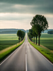 Fototapeta premium Straight Road Stretches Toward Horizon With Lush Green Fields on Either Side