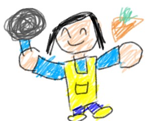 A drawing-style illustration by a child. A mother is cooking a dish.
