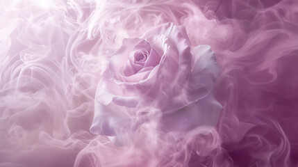 Fototapeta premium Whispers of Rose Background, A delicate pink rose enveloped in soft, swirling smoke, creating a dreamy, romantic image.