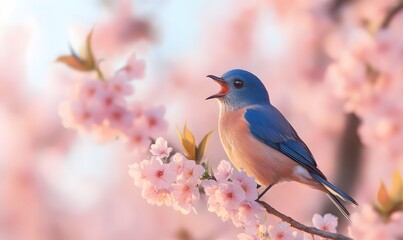 Fototapeta premium tiny bluebird on a flowering cherry blossom branch, Generative AI