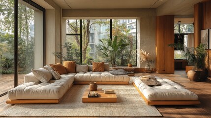 Fototapeta premium Modern Living Room with Beige Sofa and Natural Light
