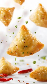 Crispy Fried Samosas Falling Food Photography