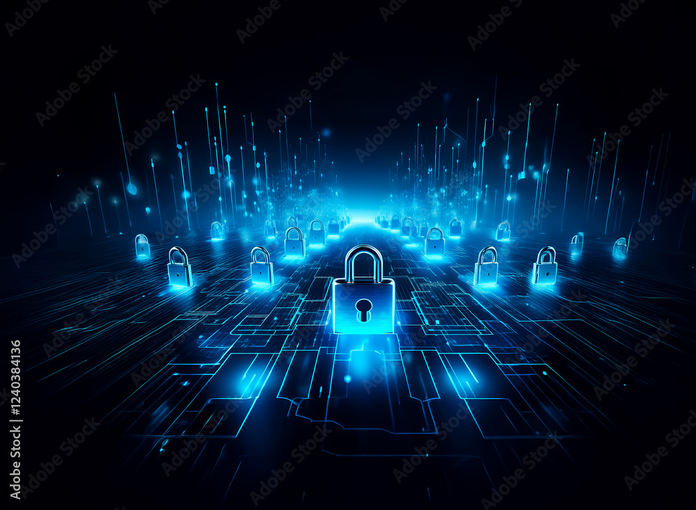 Poster Glowing blue padlock icons form a pathway on a dark, circuit-board-like background, symbolizing digital security and data protection.  A futuristic, abstract representation of cybersecurity.