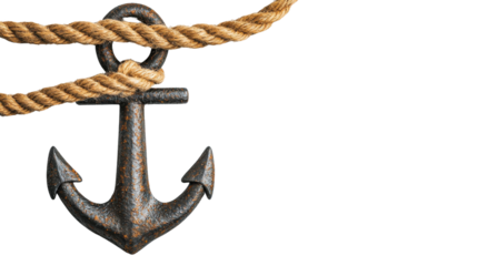 Vintage anchor surrounded by rustic rope, symbolizing maritime strength and stability.
