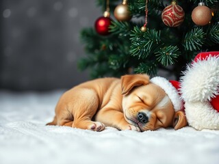 Santa Claus and a cute puppy peacefully asleep together next to a beautifully decorated Christmas tree, puppy, seasonal, Christmas tree
