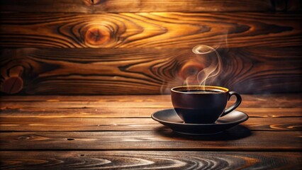 Obraz premium Aromatic Steam Rising from a Dark Coffee Cup on Rustic Wooden Surface