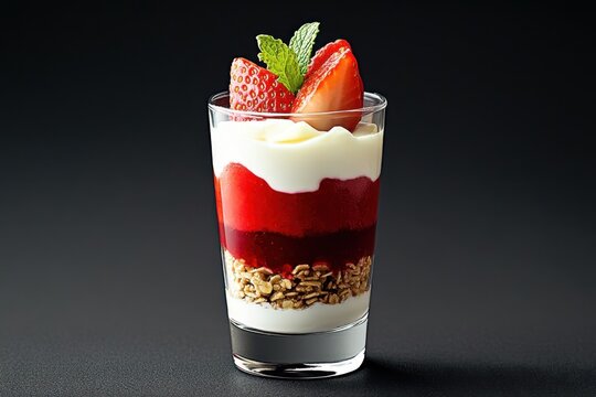 Strawberry yogurt parfait with granola mint garnish