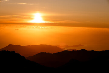 Morning landscape in orange tones over the ocean, Madeira