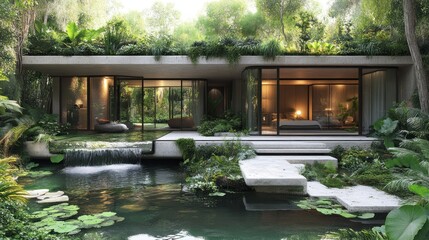 Naklejka premium Modern Tropical House Design Integrated With Lush Greenery