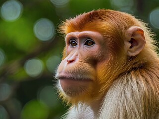 Fototapeta premium Proboscis Monkey: Recognizable by its large, bulbous nose, this monkey is native to Borneo and often found near rivers and mangroves.