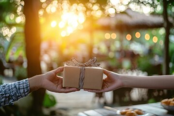 A Beautiful Outdoor Scene of Two Hands Exchanging a Wrapped Gift at a Picturesque Cafe with Soft Side Lighting and a Charming Evening Atmosphere