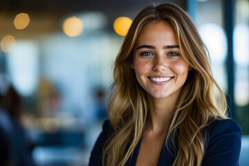 A woman with long blonde hair smiling at the camera