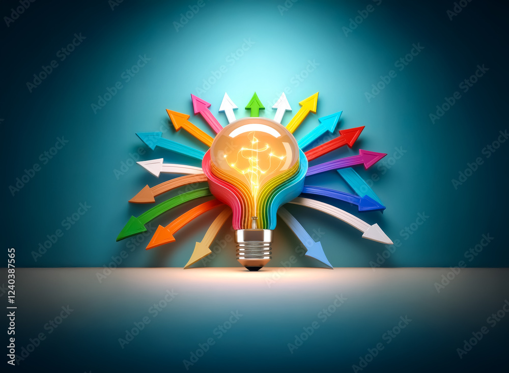 Poster A glowing lightbulb, surrounded by colorful arrows radiating outwards, symbolizes innovative thinking and multiple directions for progress.  The image suggests creativity, potential, and the generatio