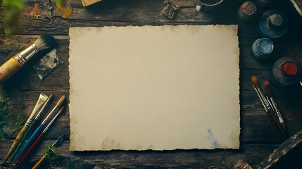 Blank Canvas with Paintbrushes and Paint on Wooden Surface