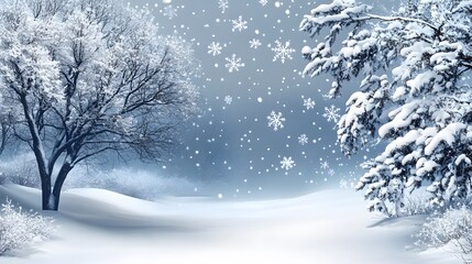 Snowy Winter Landscape with Trees and Falling Snowflakes