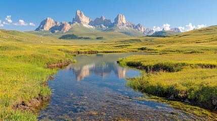 Mountain lake reflection, idyllic alpine scenery, summer