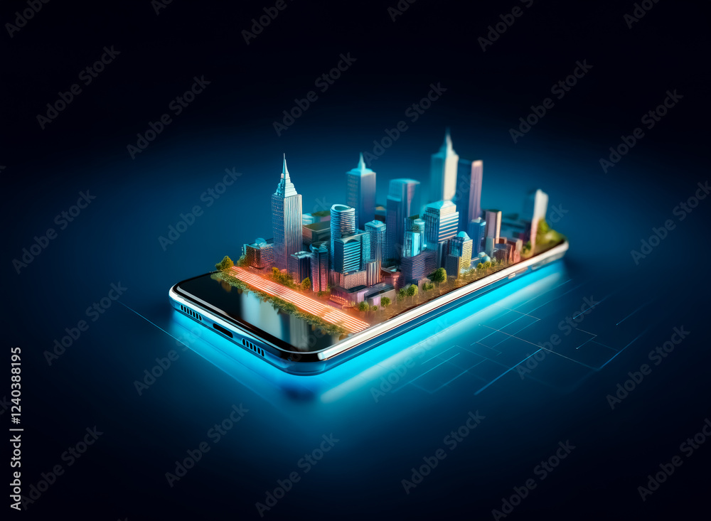 Poster a futuristic cityscape miniature sits atop a sleek smartphone, illuminated by a vibrant blue glow. t