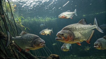 Red-Bellied Piranhas School Swimming in Aquarium