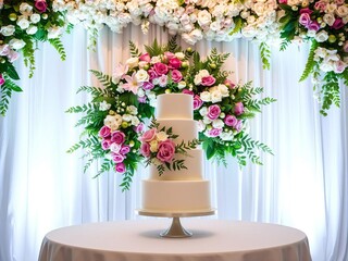 elegant three tier white wedding cake with lush floral backdrop for luxury events, backdrop, three tier, floral