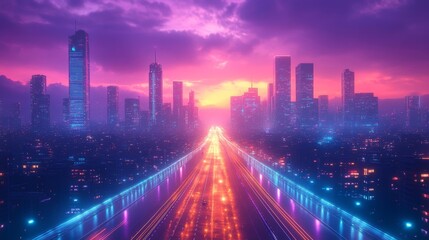 Fototapeta premium Neon-Lit City Highway at Sunset. Generative AI