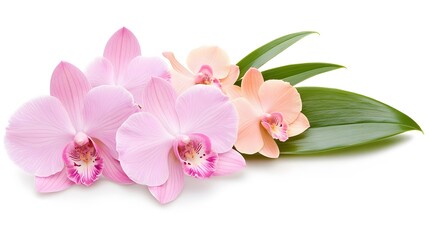 Naklejka premium Pink and Peach Orchids with Lush Green Leaves