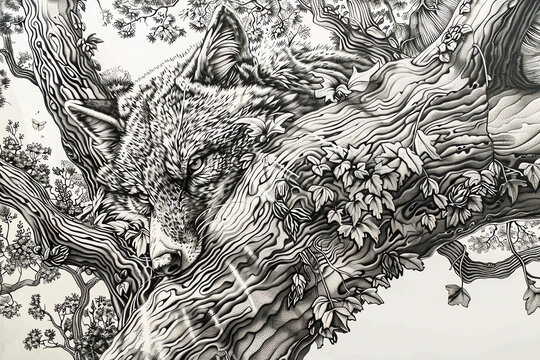 Produce a pen and ink drawing showcasing a unique perspective on life lessons learned through survival in the untamed wilderness Add intricate details to convey the journey of growth, self-discovery,