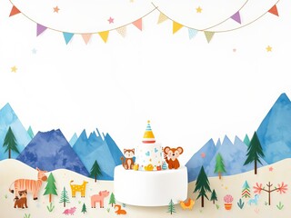Watercolor adventure elements featuring cute animals, trees, and mountains ideal for kids' nursery birthday party, adventure, vibrant colors, birthday party