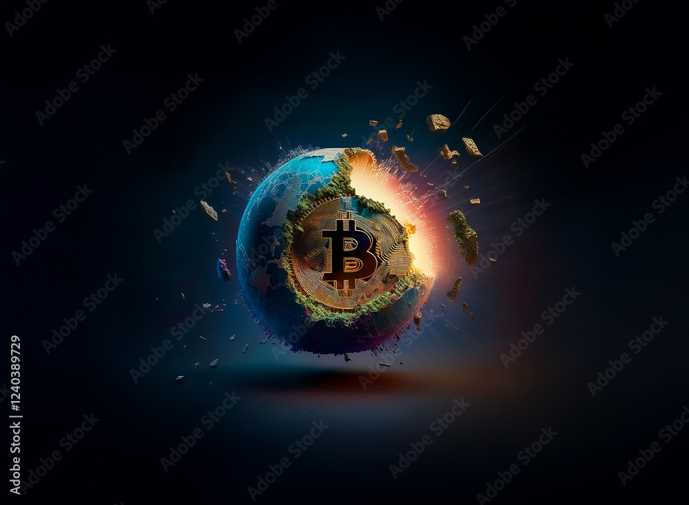 Poster a fractured earth reveals a glowing bitcoin symbol at its core, signifying a digital currency's impa