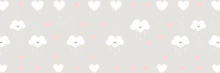 White fluffy smiling cloud on light gray background with rain of hearts, cute baby shower pink, white, and gray design, heart pattern clouds and rain art, heart pattern, white, clouds