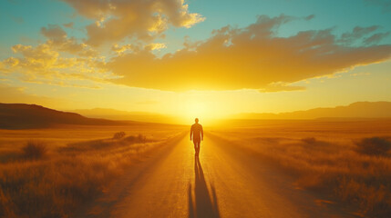 Fototapeta premium Silhouette of a person walking down a deserted road during a vibrant sunset with dramatic skies, copy space
