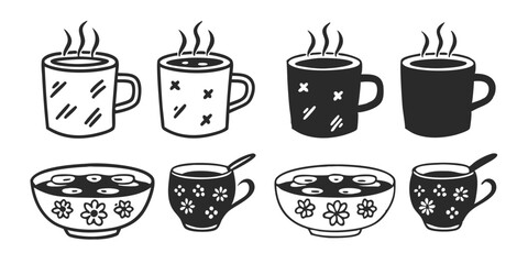 Digital illustration of a cartoon mug with handdrawn Scandinavian-style doodled tea and coffee cups, ideal for hot aroma beverages in restaurants or homes, paired with cooking dishes.