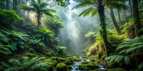 Naklejka premium Serene jungle stream flowing through lush, moss-covered rocks, sunlight filtering through the dense canopy, creating a mystical atmosphere