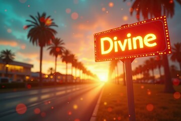 Bright illuminated Divine signboard with sunset light glow, palm trees lining street, ideal for travel, vacation, spiritual events, tropical background with warm orange and yellow tones, summer mood