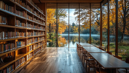 A long, wooden library with floor-to-ceiling glass windows, situated by a serene lake. The library is made of aged wood and filled with a mix of old.