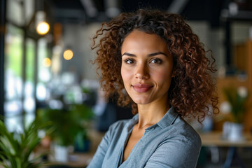 Fototapeta premium A woman with curly hair smiling at the camera
